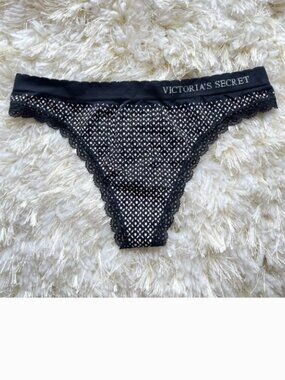 New Victoria's Secret Thong Panty Small Black White Pink Lace Trim NWT